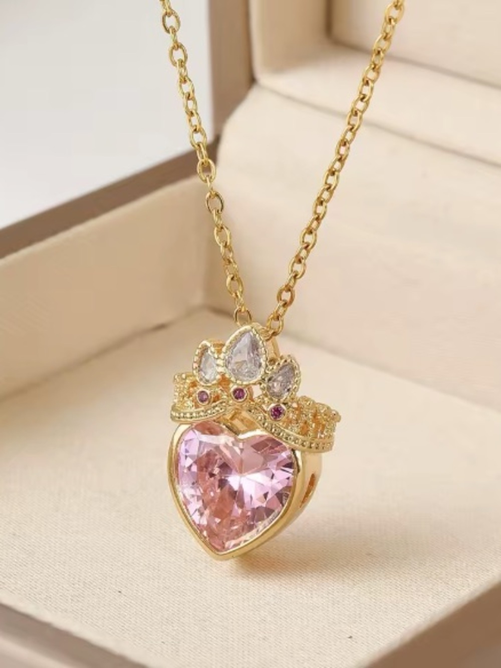 Gold Pink Heart Crown Necklace. - Picture 3 of 7